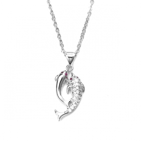 Bild von Edelstahl Halskette Silberfarbe Delfine Klar Zirkon 45cm lang, 1 Strang