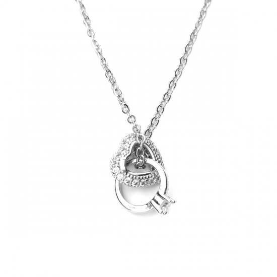Bild von Edelstahl Halskette Silberfarbe Herz Klar Zirkon 45cm lang, 1 Strang