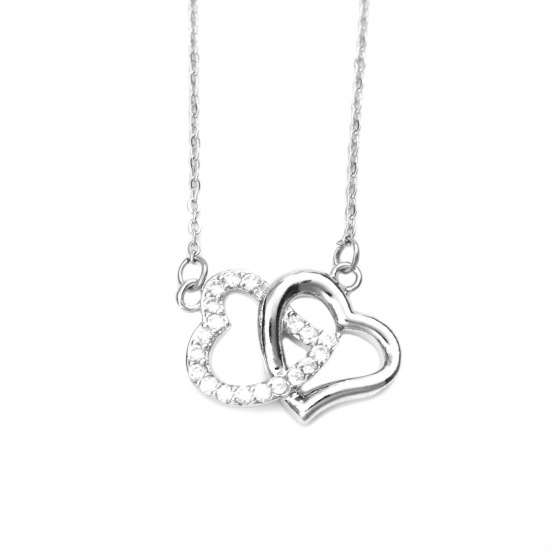 Bild von Edelstahl Halskette Silberfarbe Herz Klar Zirkon 45cm lang, 1 Strang