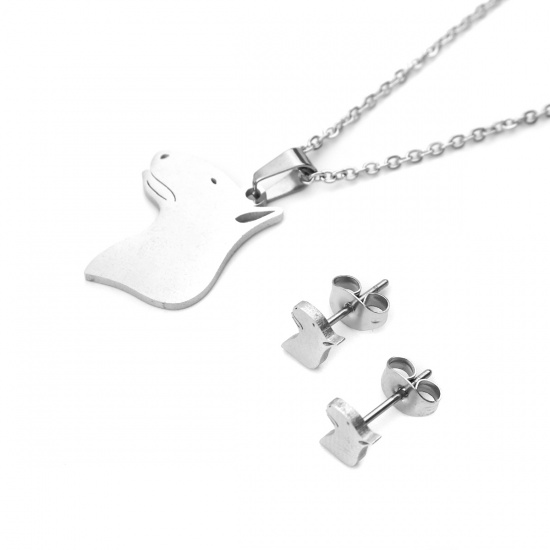 Picture of Stainless Steel Jewelry Necklace Stud Earring Set Silver Tone Horse Animal 45cm(17 6/8") long, 7mm x 6mm, Post/ Wire Size: (21 gauge), 1 Set