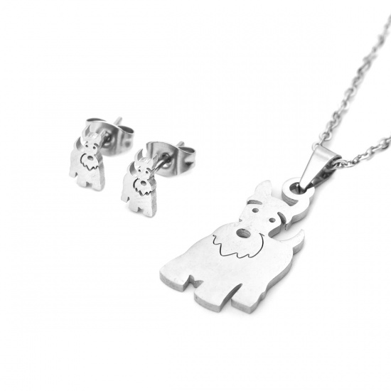 Picture of Stainless Steel Jewelry Necklace Stud Earring Set Silver Tone Dog Animal 45cm(17 6/8") long, 8mm x 4mm, Post/ Wire Size: (21 gauge), 1 Set