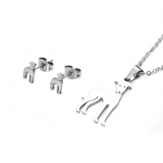 Picture of Stainless Steel Jewelry Necklace Stud Earring Set Silver Tone Dog Animal 45cm(17 6/8") long, 8mm x 5mm, Post/ Wire Size: (21 gauge), 1 Set