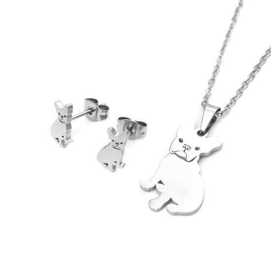 Picture of Stainless Steel Jewelry Necklace Stud Earring Set Silver Tone Dog Animal 45cm(17 6/8") long, 10mm x 6mm, Post/ Wire Size: (21 gauge), 1 Set