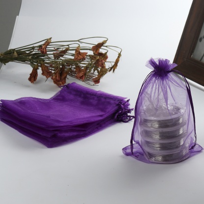 Immagine di Sacchetti dei Monili del Organza Disegnabile Rettangolo Viola Scuro (Spazio utilizzabile: 15.5x12.5cm ) 18cm x 12.8cm, 20 Pz