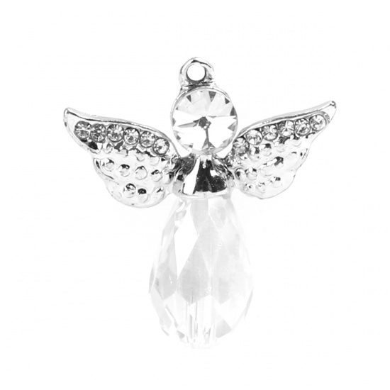 Picture of Zinc Based Alloy & Glass Religious Charms Angel Silver Tone Faceted Clear Rhinestone 28mm x 25mm, 5 PCs