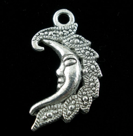 Picture of Zinc Based Alloy Charms Half Moon Antique Silver Face Carved 27mm(1 1/8") x 15mm( 5/8"), 20 PCs