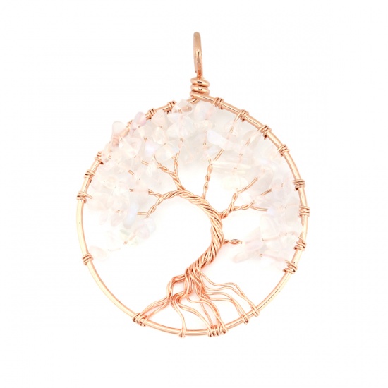 Picture of Stone ( Natural ) Pendants Rose Gold Transparent Clear Round Tree Wrapped 6.5cm x 5cm, 1 Piece