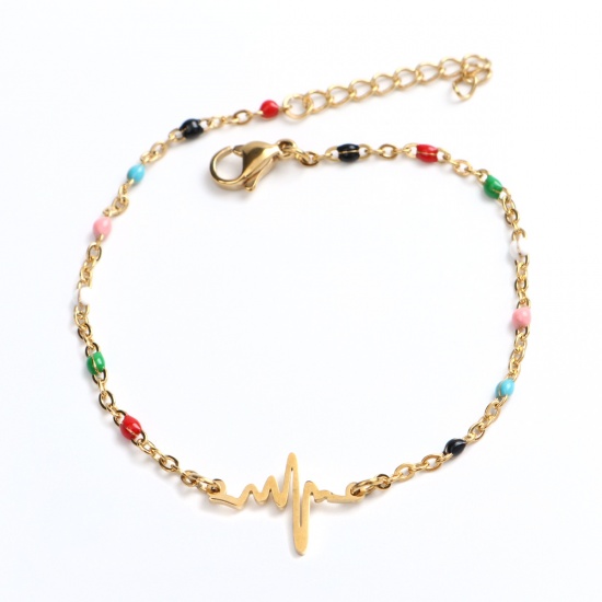 Picture of 304 Stainless Steel Bracelets Gold Plated At Random Heartbeat/ Electrocardiogram Enamel 18cm(7 1/8") long, 1 Piece