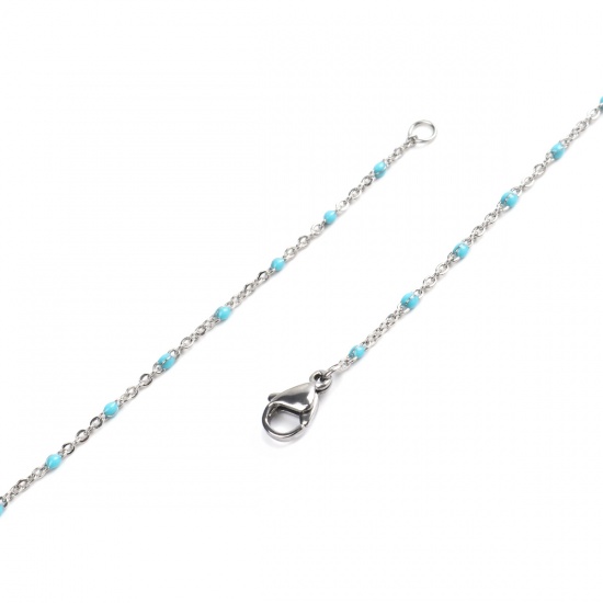 Picture of 304 Stainless Steel Link Cable Chain Necklace Silver Tone Light Blue Enamel 45cm(17 6/8") long, 1 Piece