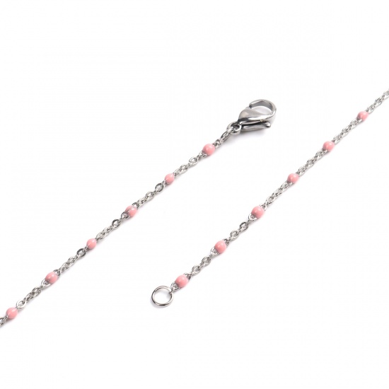 Imagen de 304 Acero Inoxidable Cable Cadena Cruz Collares Tono de Plata Rosado Esmalte 45cm longitud, 1 Unidad