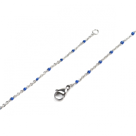 Picture of 304 Stainless Steel Link Cable Chain Necklace Silver Tone Blue Enamel 45cm(17 6/8") long, 1 Piece