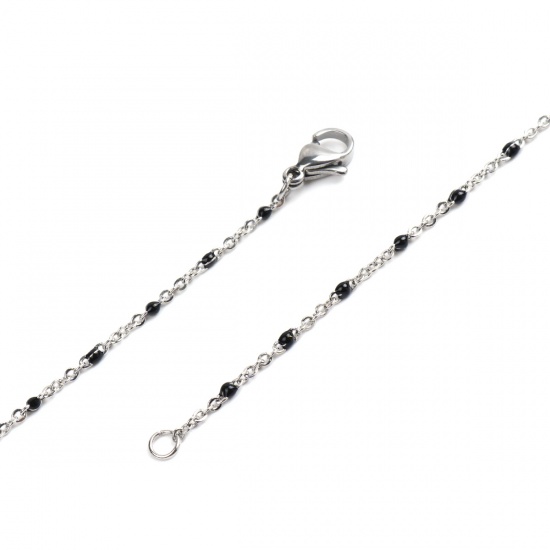 Picture of 304 Stainless Steel Link Cable Chain Necklace Silver Tone Black Enamel 45cm(17 6/8") long, 1 Piece