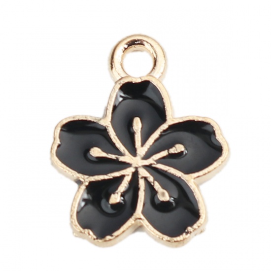 Picture of Zinc Based Alloy Charms Flower Gold Plated Black Enamel 15mm x 12mm, 20 PCs