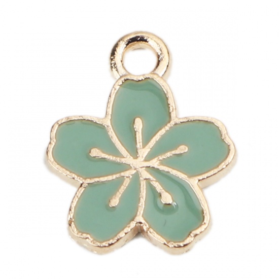 Picture of Zinc Based Alloy Charms Flower Gold Plated Sage Green Enamel 15mm x 12mm, 20 PCs
