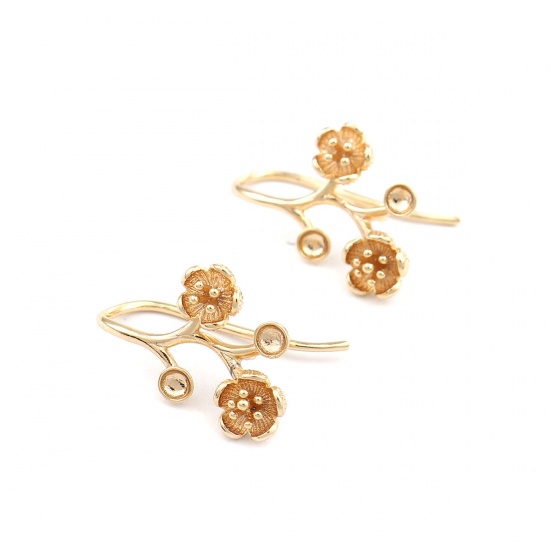 Picture of Copper Ear Wire Hooks Earring Findings 18K Real Gold Plated Flower Inlaid diamonds (Can Hold ss6 Pointed Back Rhinestone) 20mm x 14mm, Post/ Wire Size: (19 gauge), 2 PCs