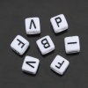 Picture of Acrylic Beads Square At Random White Initial Alphabet/ Capital Letter Pattern About 7mm x 7mm, Hole: Approx 3.9mm, 200 PCs
