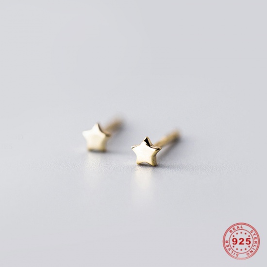 Picture of Sterling Silver Ear Post Stud Earrings Gold Plated Pentagram Star Post/ Wire Size: (21 gauge), 1 Pair