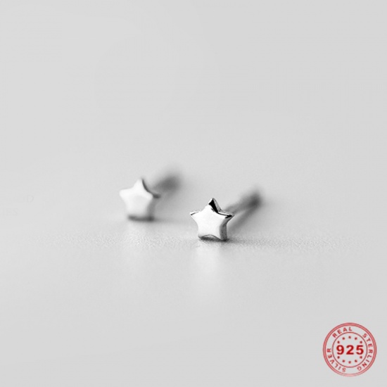 Picture of Sterling Silver Ear Post Stud Earrings Silver Pentagram Star Post/ Wire Size: (21 gauge), 1 Pair