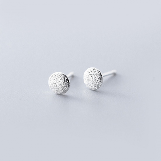 Picture of Sterling Silver Ear Post Stud Earrings Silver Round Frosted 4mm Dia., Post/ Wire Size: (21 gauge), 1 Pair