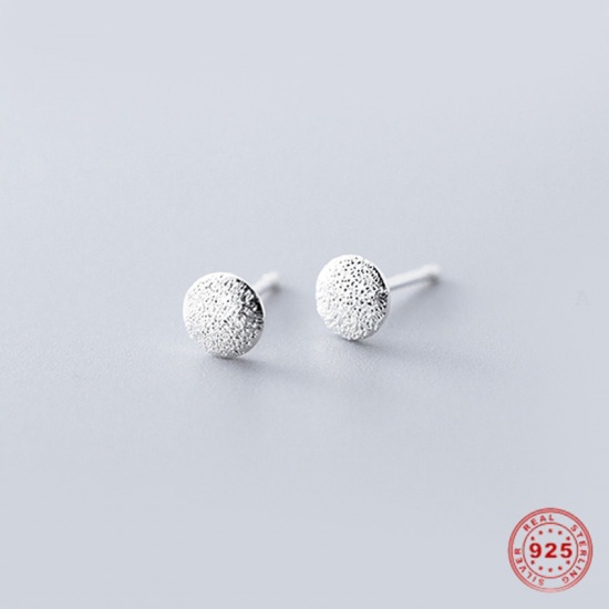 Picture of Sterling Silver Ear Post Stud Earrings Silver Round Frosted 5mm Dia., Post/ Wire Size: (21 gauge), 1 Pair