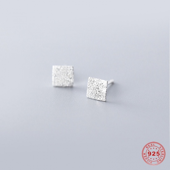 Picture of Sterling Silver Ear Post Stud Earrings Silver Square Frosted 3mm x 3mm, Post/ Wire Size: (21 gauge), 1 Pair
