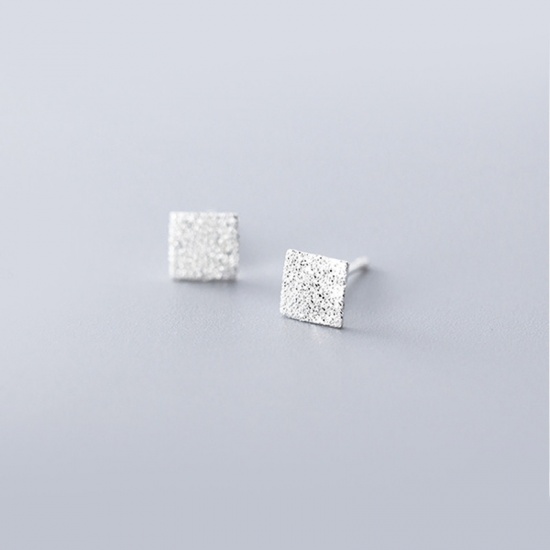 Picture of Sterling Silver Ear Post Stud Earrings Silver Square Frosted 4mm x 4mm, Post/ Wire Size: (21 gauge), 1 Pair