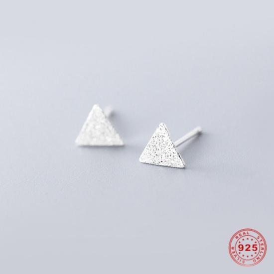 Picture of Sterling Silver Ear Post Stud Earrings Silver Triangle Frosted 3mm x 3mm, Post/ Wire Size: (21 gauge), 1 Pair