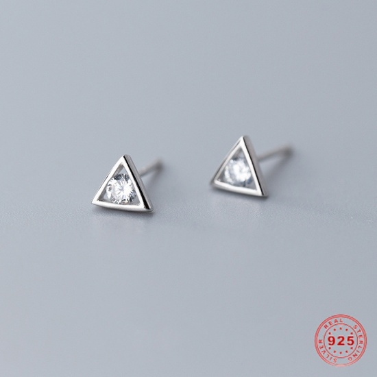 Picture of Sterling Silver Ear Post Stud Earrings Silver Triangle Clear Rhinestone 6mm x 6mm, Post/ Wire Size: (21 gauge), 1 Pair