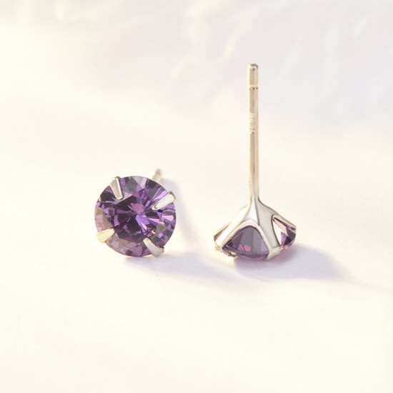 Picture of Sterling Silver & Cubic Zirconia Birthstone Ear Post Stud Earrings Platinum Plated Purple Round February 3mm Dia., Post/ Wire Size: (21 gauge), 1 Pair
