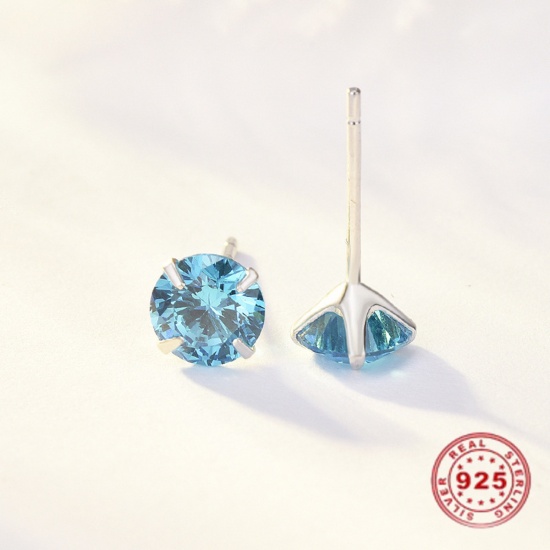 Picture of Sterling Silver & Cubic Zirconia Birthstone Ear Post Stud Earrings Platinum Plated Aqua Blue Round March 3mm Dia., Post/ Wire Size: (21 gauge), 1 Pair