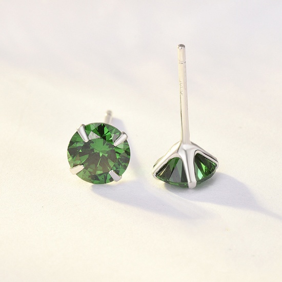 Picture of Sterling Silver & Cubic Zirconia Birthstone Ear Post Stud Earrings Platinum Plated Green Round May 3mm Dia., Post/ Wire Size: (21 gauge), 1 Pair