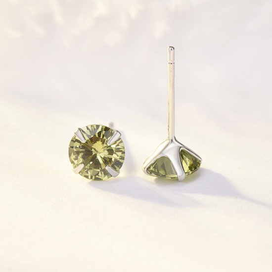 Picture of Sterling Silver & Cubic Zirconia Birthstone Ear Post Stud Earrings Platinum Plated Olive Green Round August 3mm Dia., Post/ Wire Size: (21 gauge), 1 Pair
