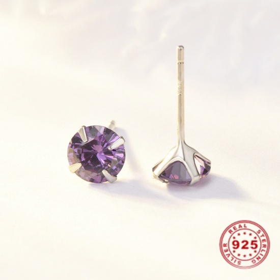 Picture of Sterling Silver & Cubic Zirconia Birthstone Ear Post Stud Earrings Platinum Plated Purple Round February 5mm Dia., Post/ Wire Size: (21 gauge), 1 Pair
