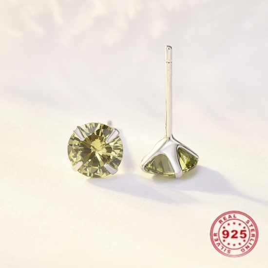 Picture of Sterling Silver & Cubic Zirconia Birthstone Ear Post Stud Earrings Platinum Plated Olive Green Round August 5mm Dia., Post/ Wire Size: (21 gauge), 1 Pair