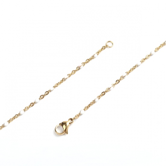 Picture of 304 Stainless Steel Link Cable Chain Necklace Gold Plated White Enamel 60cm(23 5/8") long, 1 Piece