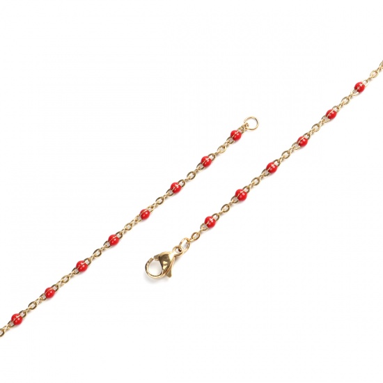 Picture of 304 Stainless Steel Link Cable Chain Necklace Gold Plated Red Enamel 60cm(23 5/8") long, 1 Piece