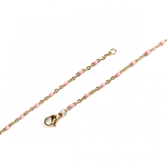 Picture of 304 Stainless Steel Link Cable Chain Necklace Gold Plated Pink Enamel 60cm(23 5/8") long, 1 Piece