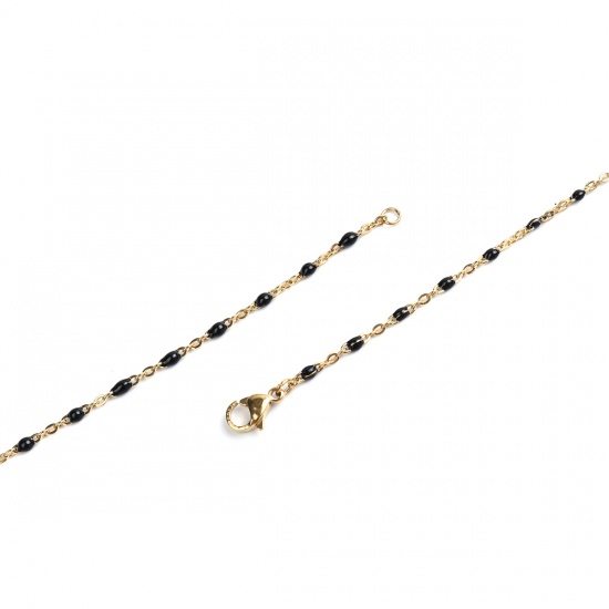 Picture of 304 Stainless Steel Link Cable Chain Necklace Gold Plated Black Enamel 60cm(23 5/8") long, 1 Piece
