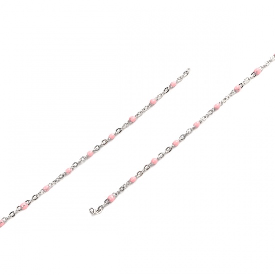 Picture of 304 Stainless Steel Link Cable Chain Silver Tone Pink Enamel 2.5x2mm, 1 M