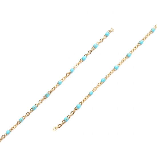 Picture of 304 Stainless Steel Link Cable Chain Gold Plated Light Blue Enamel 2.5x2mm, 1 M