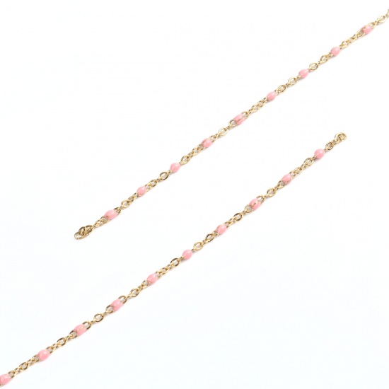 Picture of 304 Stainless Steel Link Cable Chain Gold Plated Pink Enamel 2.5x2mm, 1 M