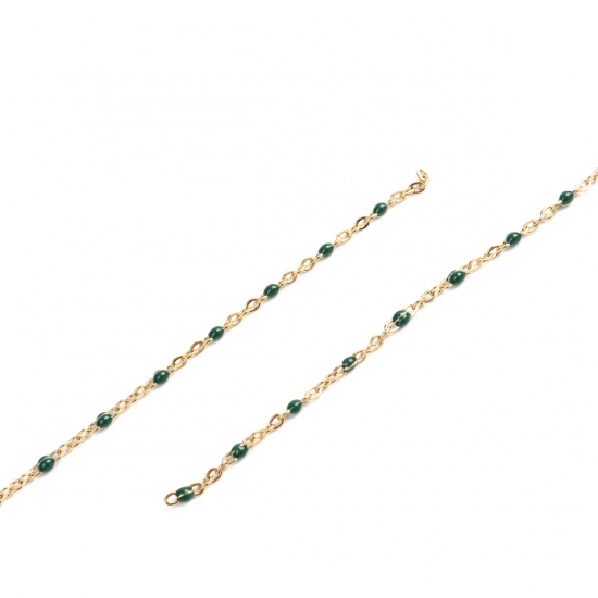 Picture of 304 Stainless Steel Link Cable Chain Gold Plated Dark Green Enamel 2.5x2mm, 1 M