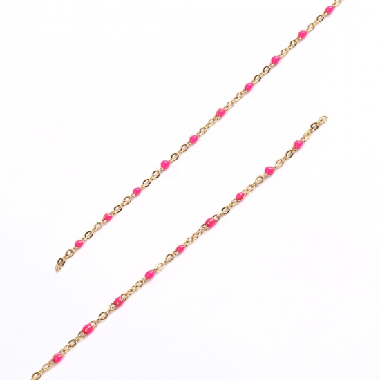 Picture of 304 Stainless Steel Link Cable Chain Gold Plated Hot Pink Enamel 2.5x2mm, 1 M