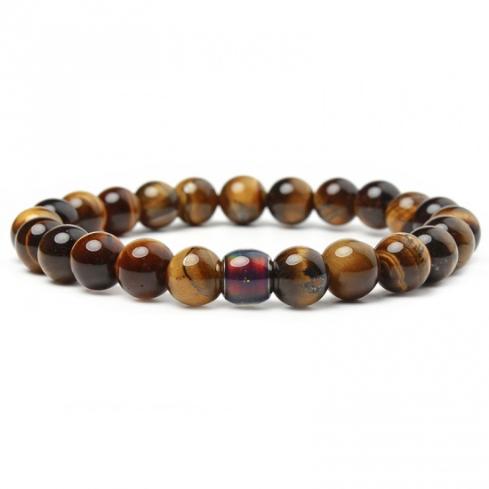 Picture of Natural Tiger's Eyes Elastic Dainty Bracelets Delicate Bracelets Beaded Bracelet Brown Yellow Round 18.5cm(7 2/8") long, 1 Piece