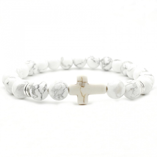 Picture of Synthetic Howlite Elastic Dainty Bracelets Delicate Bracelets Beaded Bracelet White Round Cross 1 Piece