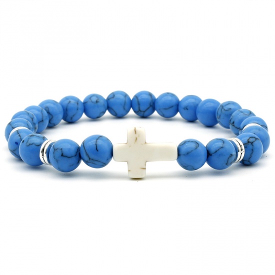 Picture of December Birthstone - Synthetic Turquoise Elastic Dainty Bracelets Delicate Bracelets Beaded Bracelet Blue Round Cross 1 Piece