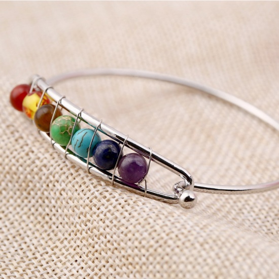 Picture of Natural Gemstone Yoga Healing Wrapped Bangles Bracelets Multicolor Silver Tone Round 19cm(7 4/8") long, 1 Piece