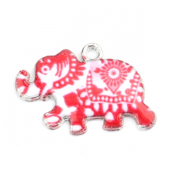Picture of Zinc Based Alloy Charms Elephant Animal Silver Tone White & Red Enamel 24mm x 16mm, 10 PCs