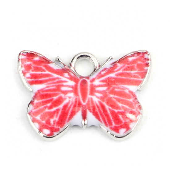 Picture of Zinc Based Alloy Insect Charms Butterfly Animal Silver Tone White & Red Enamel 17mm x 12mm, 10 PCs