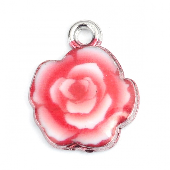 Picture of Zinc Based Alloy Charms Silver Tone White & Red Flower Enamel 16mm x 13mm, 10 PCs